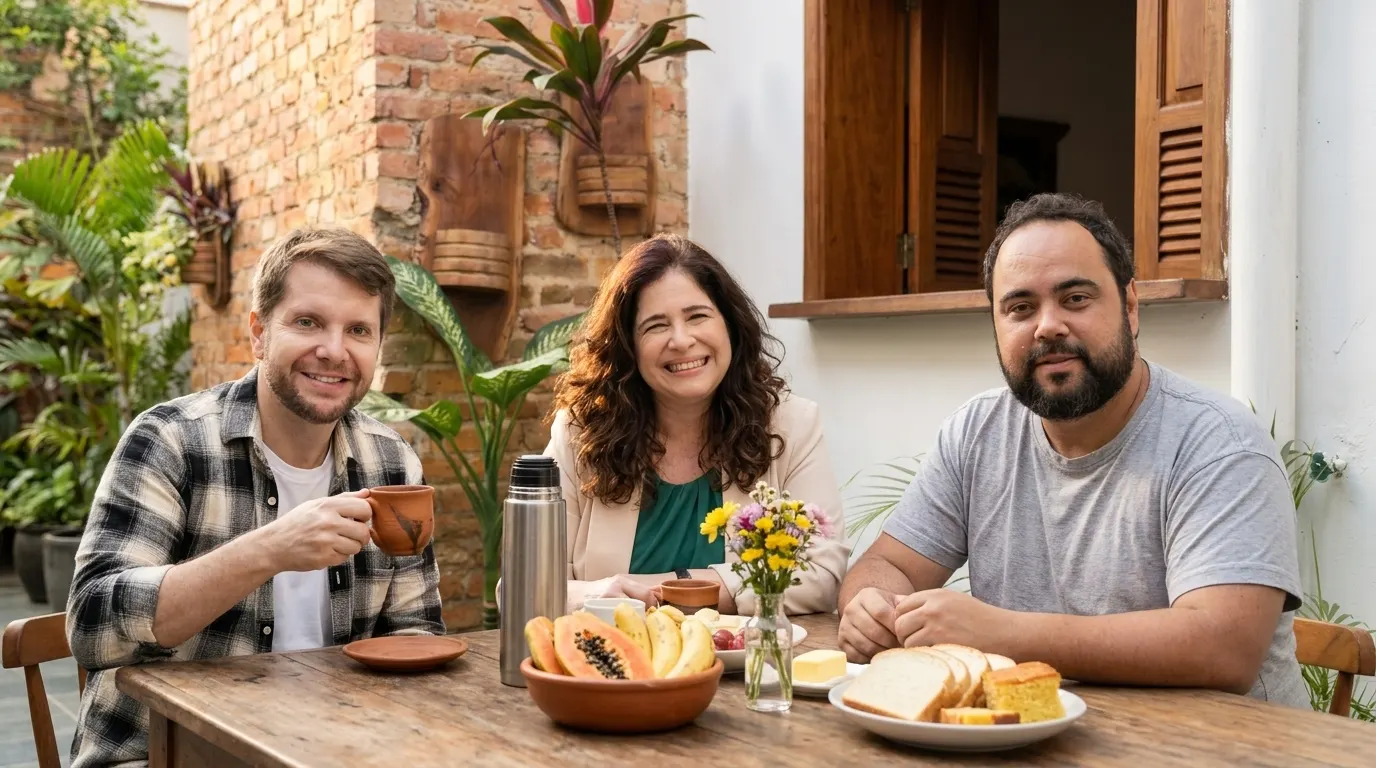 Três amigos reunidos tomando café da manhã ao ar livre, numa mesa com café, frutas, pães e flores, num quintal aconchegante