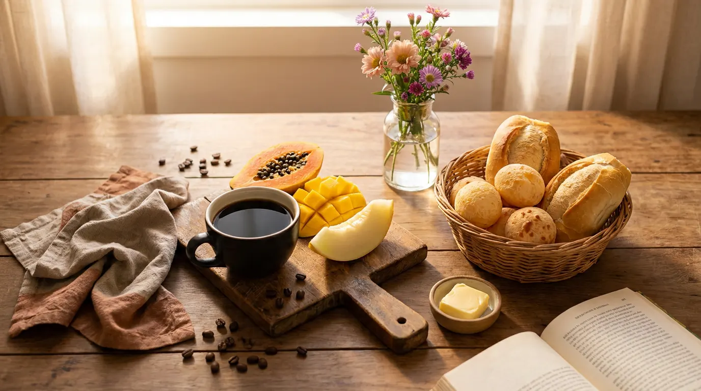 Mesa posta para o café da manhã: café, pão de queijo, mamão, manteiga e um vasinho de flores sob a luz suave da manhã